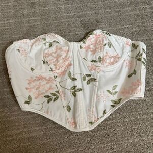 SHEIN White Pink Green Floral Embroidery Tie Back Corset Crop Top Small